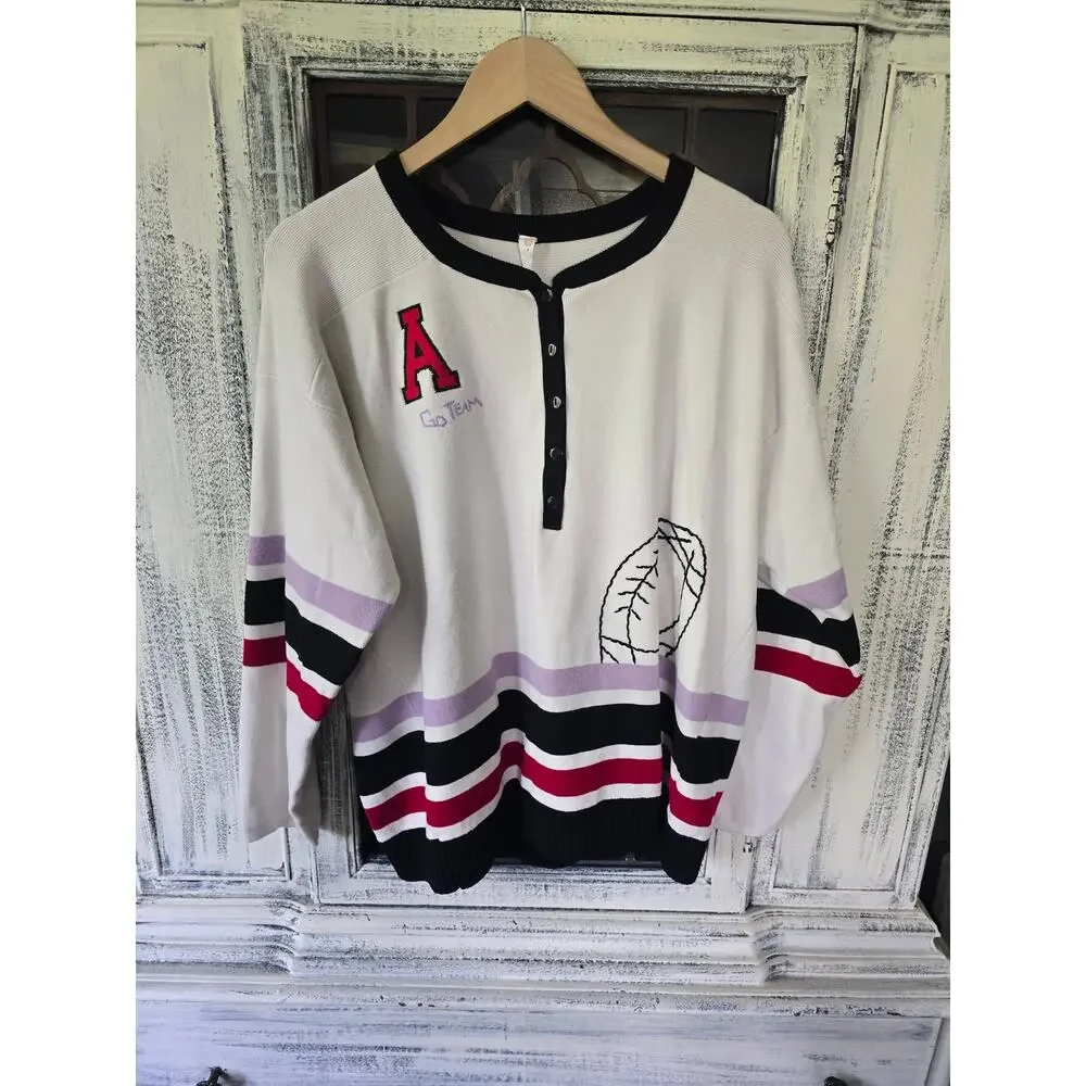 New Anthropologie Go Team Embroidered Henley Top - XL - Picture 3 of 3